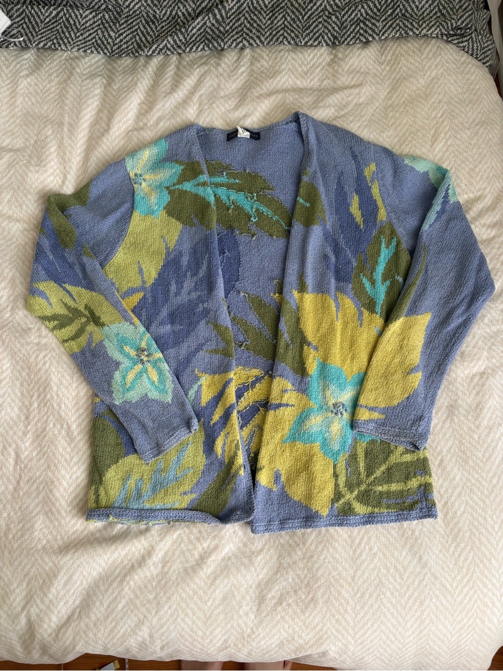 Unique Cotton Ramie Floral Open-Front Women’s Cardigan Sweater - Blue & Green